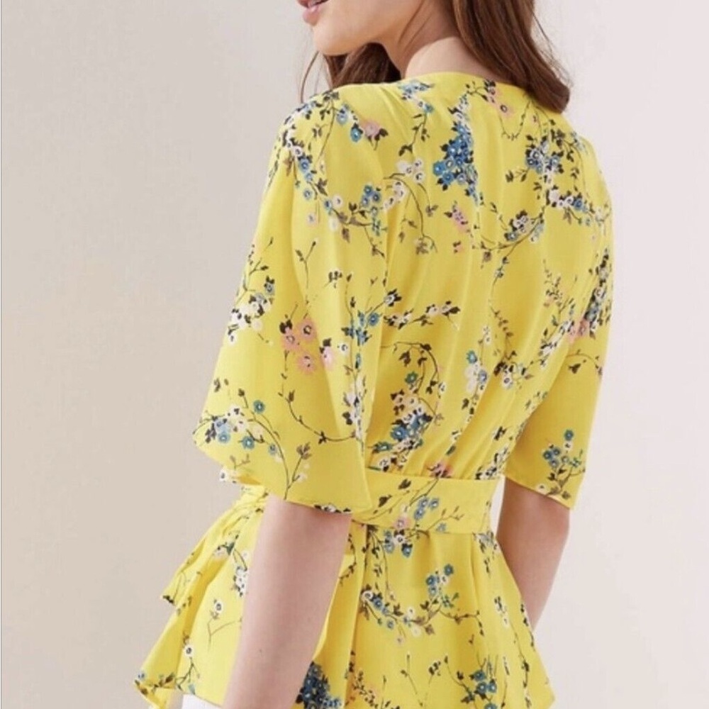 LOFT Yellow Floral Wrap-Tie Blouse - Picture 2 of 9